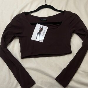 Naked Wardrobe chocolate Brown long sleeve Crop Top